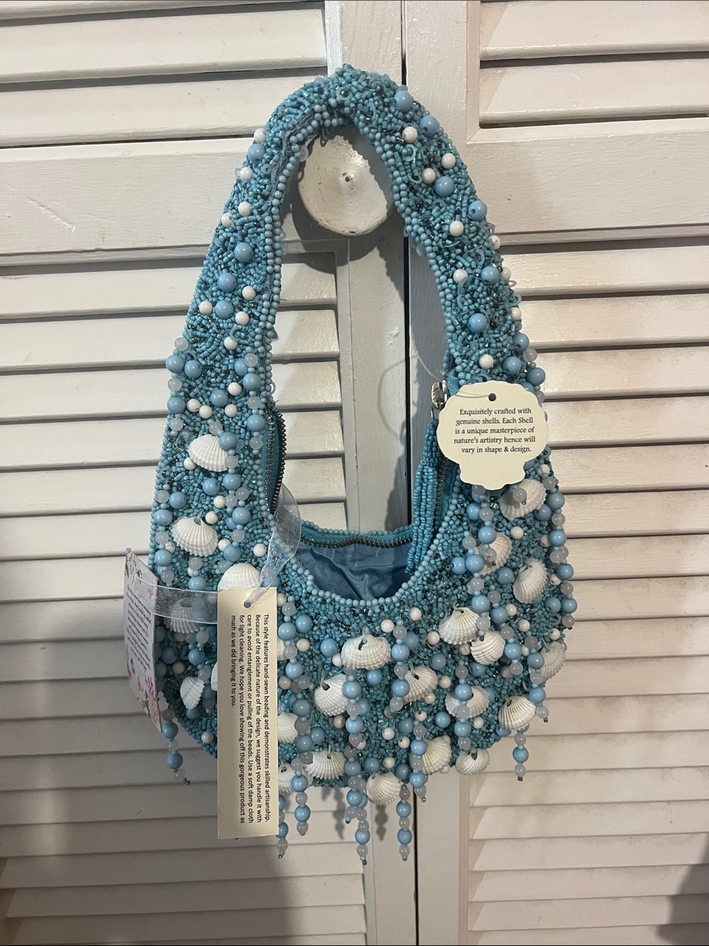 Beaded Shell Accent Shoulder Bag - Aqua Blue